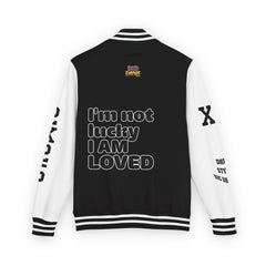 I'm not lucky I AM LOVED Letterman Jacket | Classic Black & White